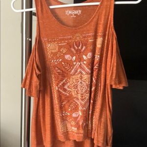 orange cold shoulder cut out shirt